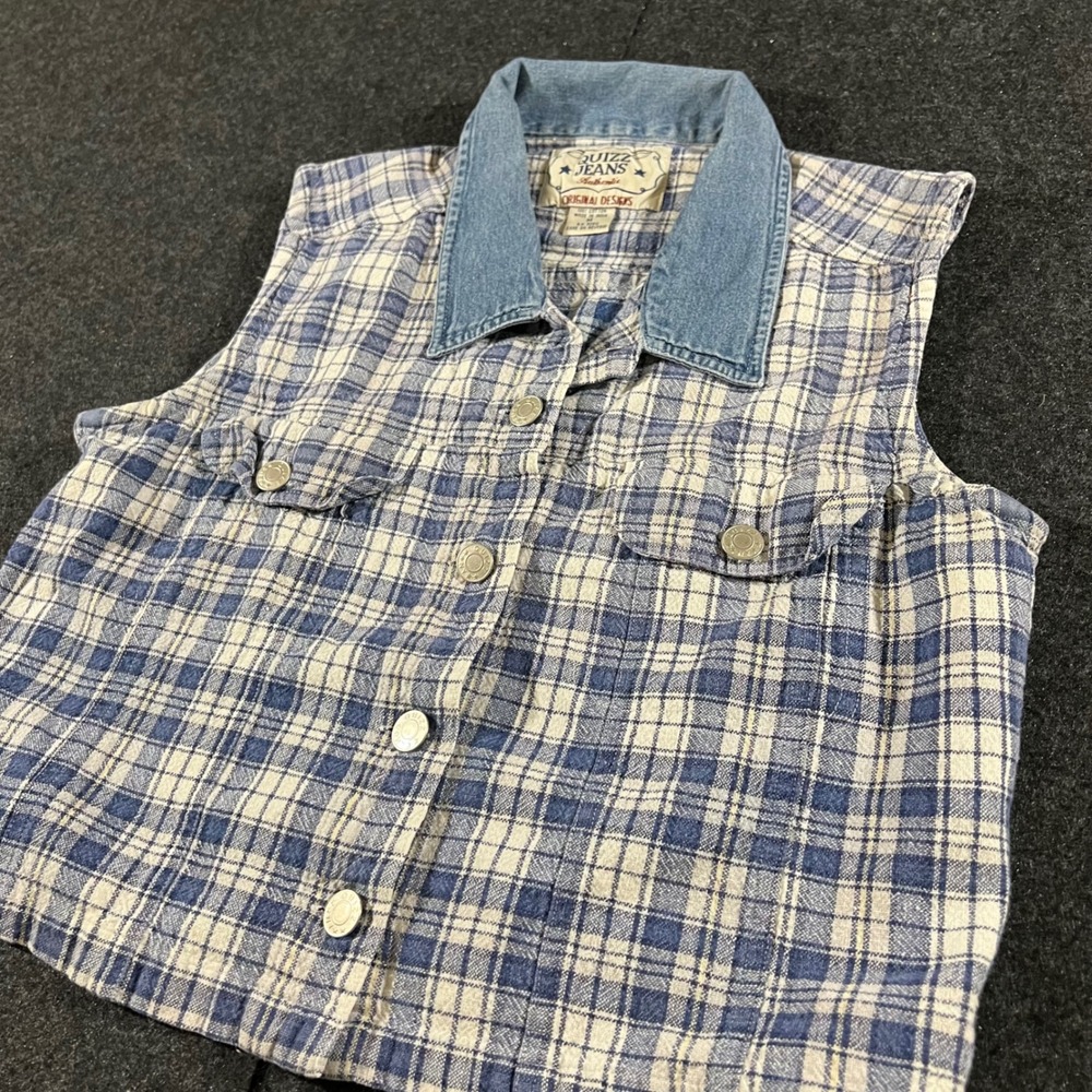 Quizz Jeans Vest Womens Medium Blue Plaid Denim Collar Vintage 90s Grunge Skater